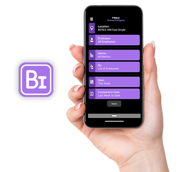 Female hand holding phone - Meevo's Business Intelligence App on the screen