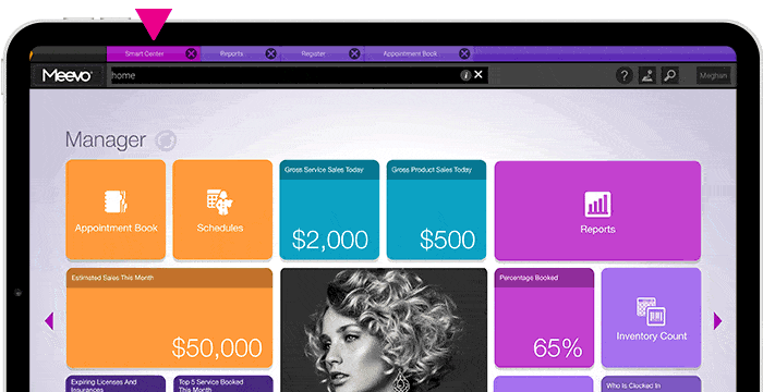 Meevo toggling between Smart Center, Reports, Register and Appointment Book pages